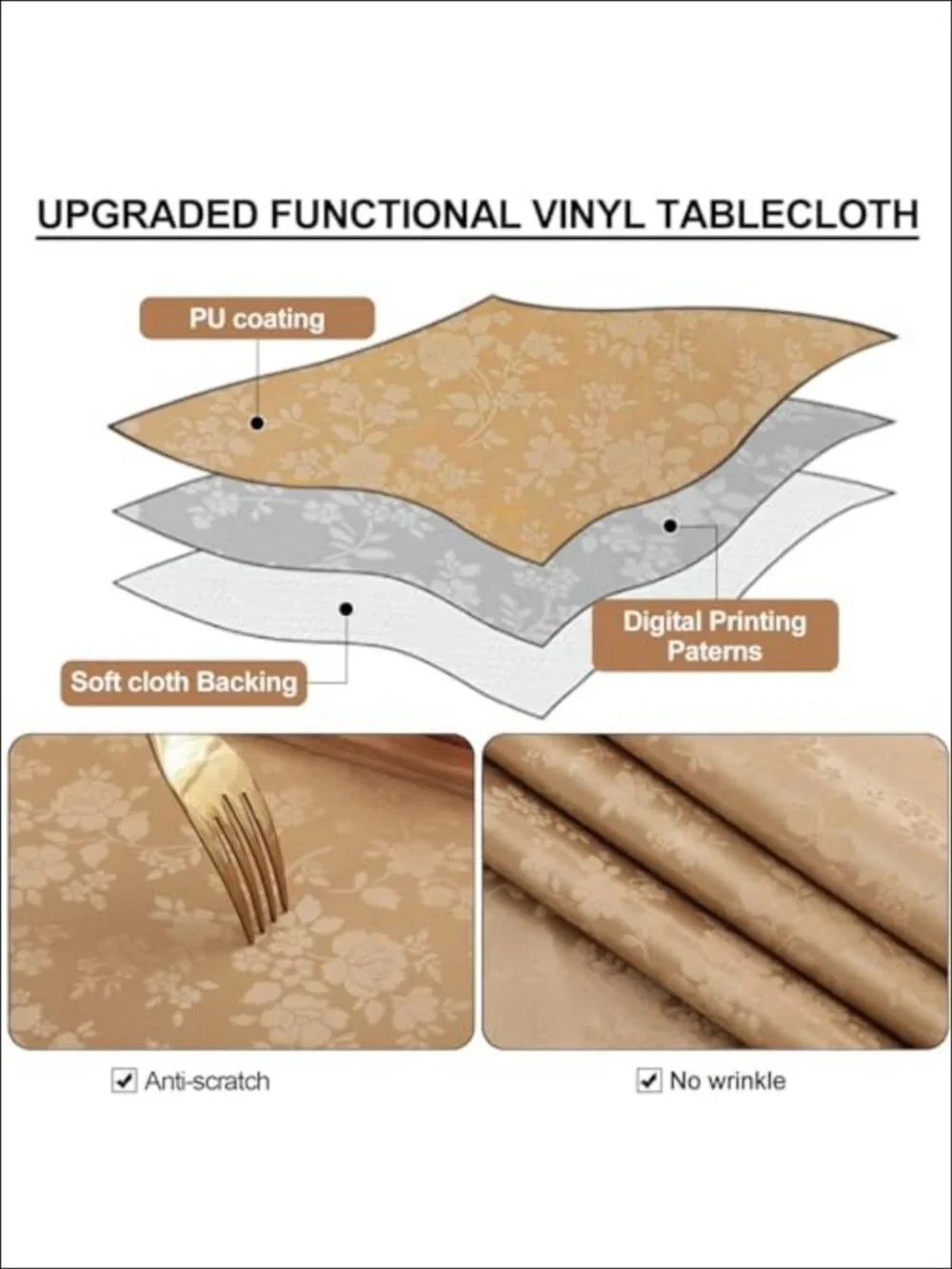 Waterproof Heavy Duty Vinyl Tablecloth 52x70 Rectangular Floral Embossed